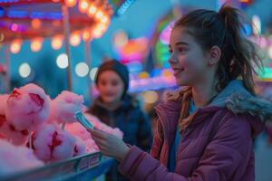 A girl is looking at cotton candy at an amusement park photo