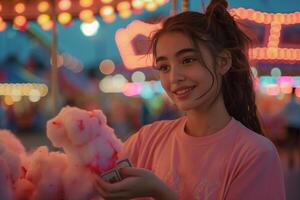 A girl holding a cotton candy in front of a carnival photo