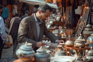 A man looking at a table full of pots and pans photo