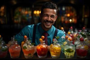 A man smiling behind a bar with many different drinks photo