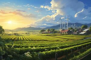 A farm with wind turbines and a house in the background photo