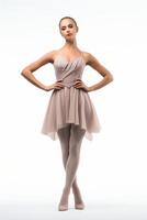 A young woman in a beige dress and tights photo
