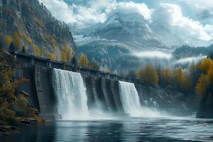A waterfall is flowing over a dam with mountains in the background photo