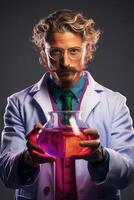 A man in a lab coat holding a beaker photo