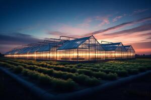 A greenhouse with lights on at sunset photo
