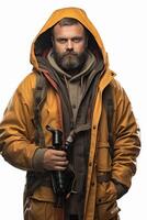 A man with a beard and a yellow jacket photo