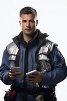 A man in a blue vest holding a cell phone photo