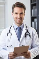 A male doctor holding a clipboard and smiling photo