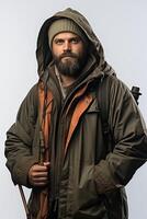 A man with a beard and a hat is wearing a jacket and hat photo