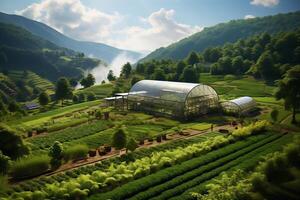 A farm with a greenhouse in the middle of a lush green valley photo