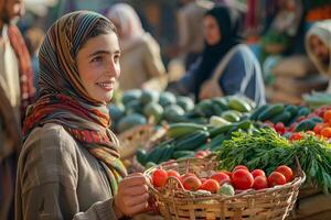 A woman in a headscarf is holding a basket of vegetables photo