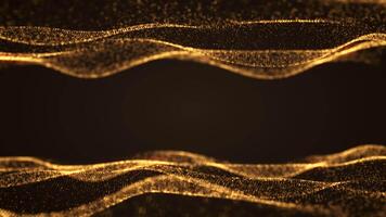 Septenary yellow golden waves on a black background. Smooth movement of liquid smooth copper form. Water texture surface made of glowing orange particles. Futuristic soft digital data flow. video