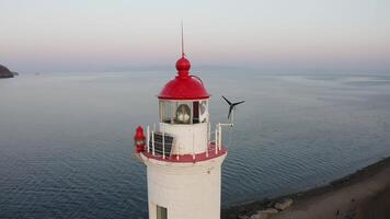 Drone view of the old Tokarevsky lighthouse at dawn video