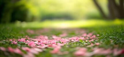 A serene path covered with pink flower petals in a lush green setting. photo