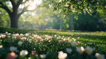 A serene garden scene filled with blooming flowers and lush greenery. photo