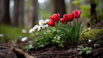 A vibrant arrangement of red tulips and white daisies in a forest setting. photo