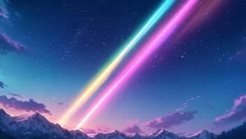 A serene mountain landscape under a starry sky with colorful beams. photo