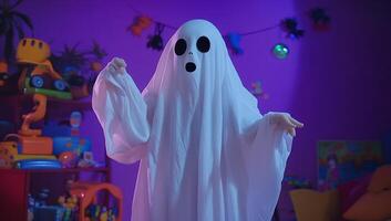 A playful ghost figure in a colorful, toy-filled room. photo