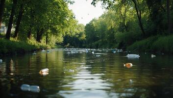A river polluted with plastic bottles amidst lush greenery. photo
