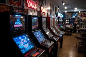 A row of arcade machines in a store photo