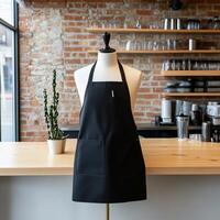 A black apron on a wooden table in front of a brick wall photo