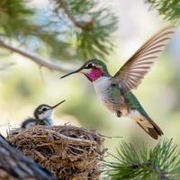 A hummingbird and its young are in a nest photo