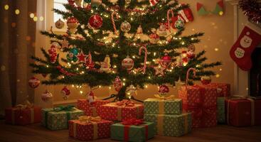 A whimsical Christmas tree with fun, colorful ornaments, candy canes, and twinkling lights in a playful setting. photo