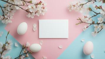 Easter card mockup with eggs, and blossoms, on a pastel pink and blue background. 11 photo