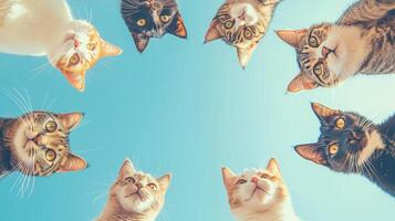 From a bottom-up perspective, eight cats form a circle and the on the background. 7 photo