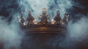 A majestic fantasy king's crown on a back smoky background. 1 photo