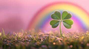 The green clover stands on grass with a pink sky background with a rainbow. 6 photo