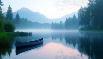 Calm morning landscape with a canoe on a tranquil lake surrounded by misty mountains and serene trees photo