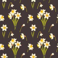 Seamless pattern with white daffodils on dark background. Spring flower narcissus. fabric swatch vector