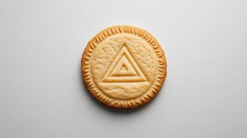 Circular cookie with the triangle simple icon on it, isolated on solid white background. photo