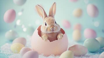 A bunny and ears sticking out of an egg-shaped hole in light and pastel colors, with eggs. 13 photo