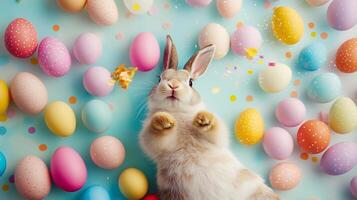 Top view of Easter smiling funny bunny laying on the back with a lot of colorful eggs. photo