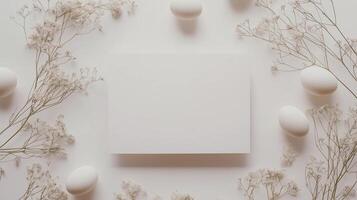 Easter-themed blank white card mockup surrounded by small Easter eggs and delicate flowers. 13 photo