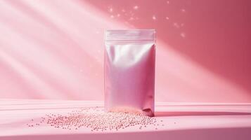 Light shining spotlight on a bag of protein with pink background. 8 photo