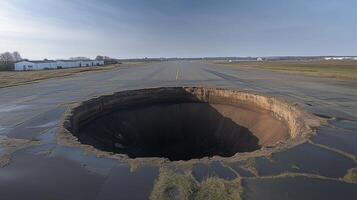 Very large, circular, dark, empty, bottomless sinkhole in the middle of an airfield strip. photo