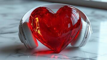 A red heart with white headphones on a white background. 1 photo