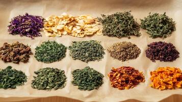 Various dried and fresh herbs, such as thyme, oregano, and sage, laid out on paper. 1 photo
