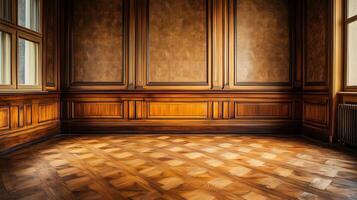 Old building with wooden parquet floor, wooden wainscoting panels and wallpaper. 8 photo