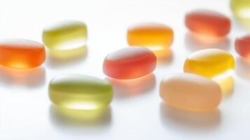 Gummy vitamins, multivitamin gels in various colors and sizes on white background. 1 photo