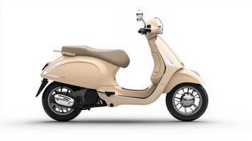 The beige scooter with an ergonomic seat against a minimalistic pastel background. 8 photo