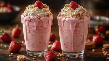 Two glasses filled with a pink milkshake topped with whipped cream, strawberry, and cookie. 1 photo