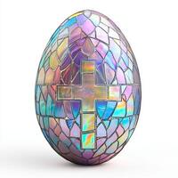 Easter egg with a cross, made of iridescent mother-of-pearl glass mosaic, on a white background. 12 photo