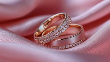 A pair of gold wedding rings on pink fabric, a romantic and dreamy background. 9 photo
