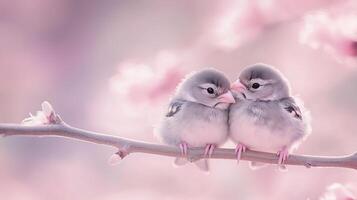 Two cute, gray little birds snuggling on a branch, with soft lighting and a blurred background. 15 photo