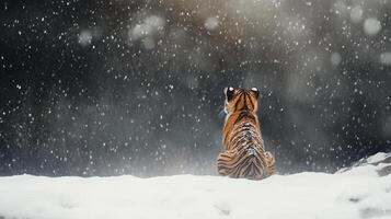 A tiger, in the midst of snow, with heavy snowfall. photo