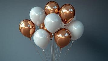The cluster of balloons in gold and white, on a gray background. photo